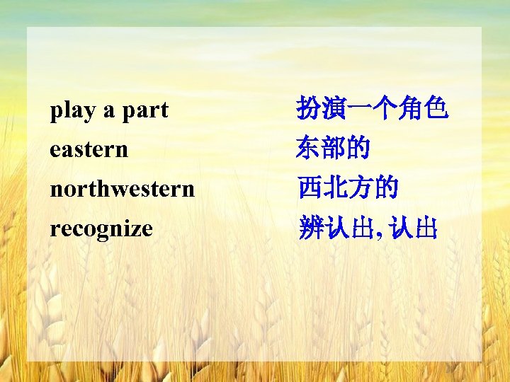 play a part 扮演一个角色 eastern 东部的 northwestern 西北方的 recognize 辨认出, 认出 