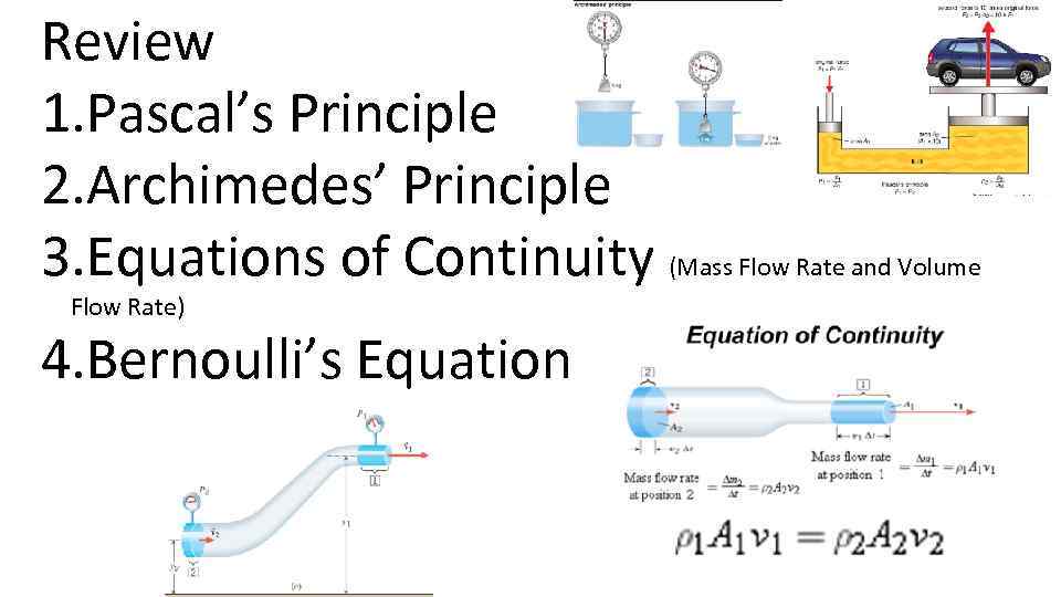 Review 1. Pascal’s Principle 2. Archimedes’ Principle 3. Equations of Continuity (Mass Flow Rate
