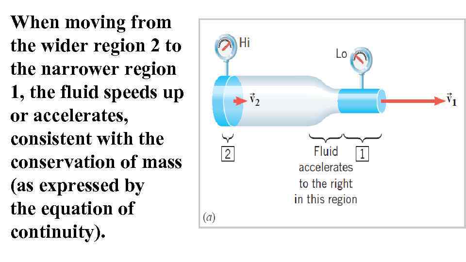 When moving from the wider region 2 to the narrower region 1, the fluid