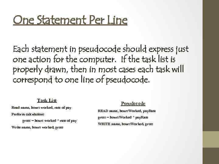 One Statement Per Line Each statement in pseudocode should express just one action for