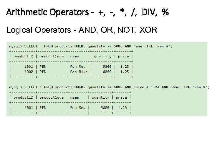 Arithmetic Operators - +, -, *, /, DIV, % Logical Operators - AND, OR,