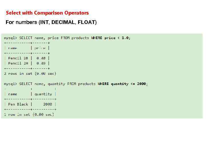 Select with Comparison Operators For numbers (INT, DECIMAL, FLOAT) 