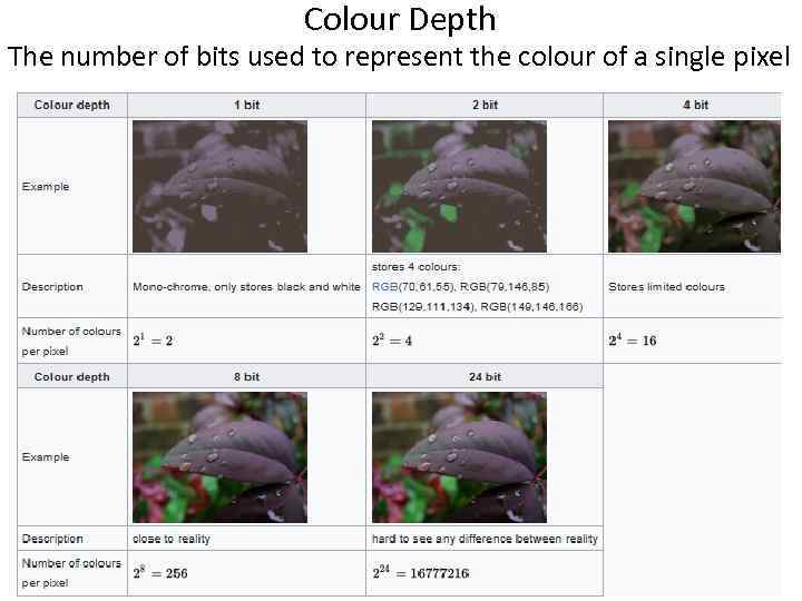 Colour Depth The number of bits used to represent the colour of a single