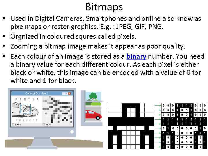 Bitmaps • Used in Digital Cameras, Smartphones and online also know as pixelmaps or