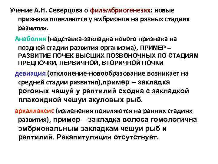Учение А. Н. Северцова о филэмбриогенезах: новые признаки появляются у эмбрионов на разных стадиях