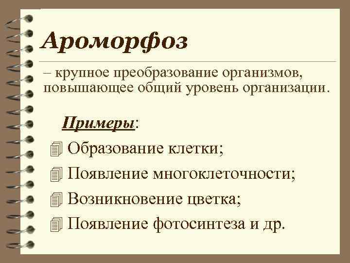 Ароморфоз – крупное преобразование организмов, повышающее общий уровень организации. Примеры: 4 Образование клетки; 4