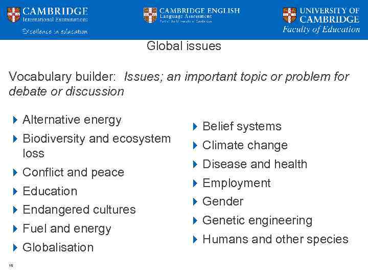 Global issues Vocabulary builder: Issues; an important topic or problem for debate or discussion