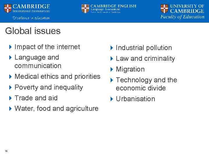 Global issues Impact of the internet Industrial pollution Language and communication Law and criminality