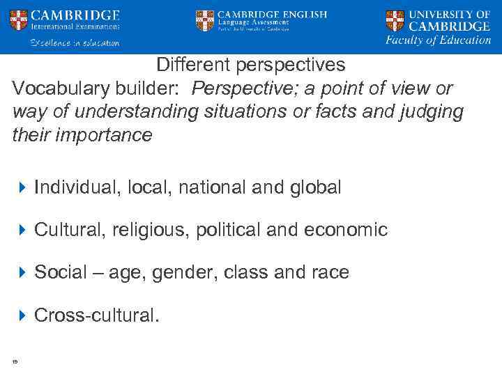Different perspectives Vocabulary builder: Perspective; a point of view or way of understanding situations