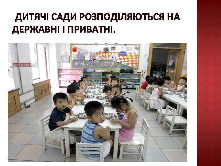 ДИТЯЧІ САДИ РОЗПОДІЛЯЮТЬСЯ НА ДЕРЖАВНІ І ПРИВАТНІ. 