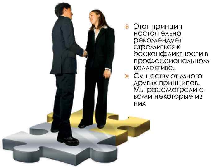 Этот принцип настоятельно рекомендует стремиться к бесконфликтности в профессиональном коллективе. Существуют много других принципов.