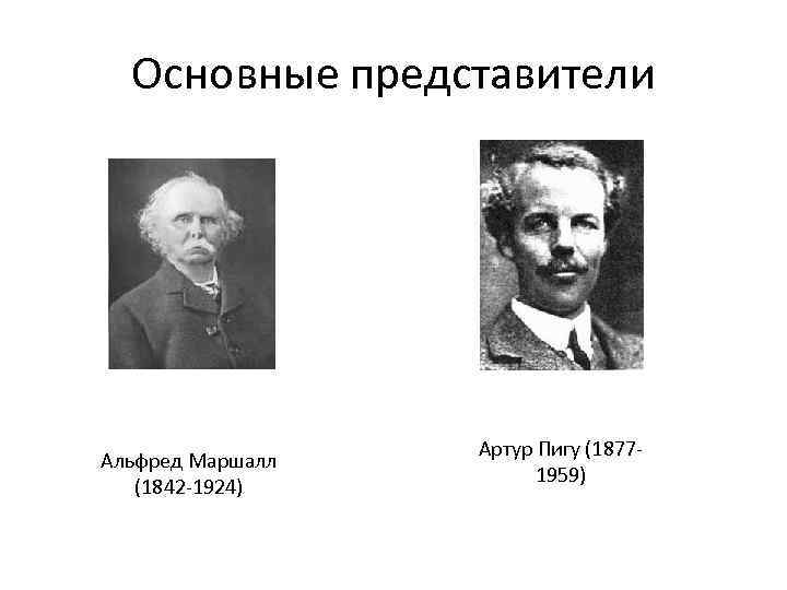 Основные представители Альфред Маршалл (1842 -1924) Артур Пигу (1877 - 1959) 