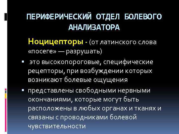 ПЕРИФЕРИЧЕСКИЙ ОТДЕЛ БОЛЕВОГО АНАЛИЗАТОРА Ноцицепторы - (от латинского слова «посеге» — разрушать) это высокопороговые,