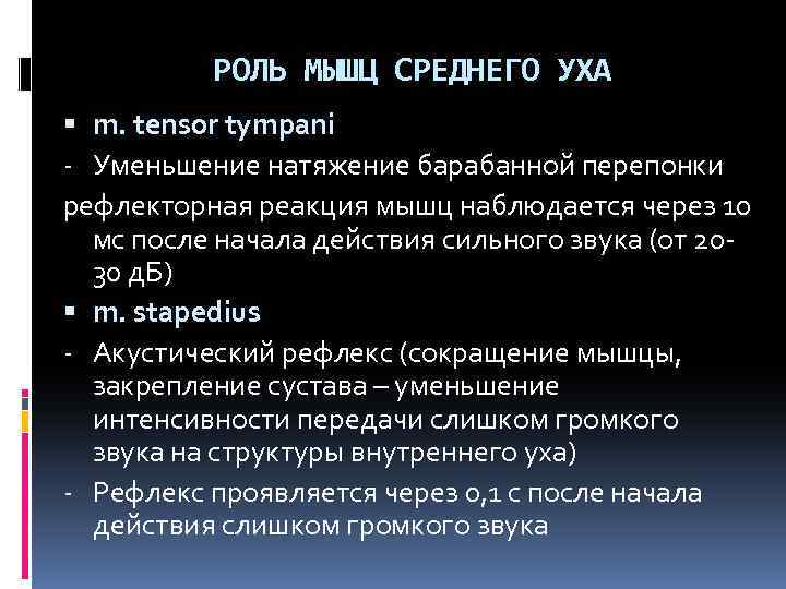 РОЛЬ МЫШЦ СРЕДНЕГО УХА m. tensor tympani Уменьшение натяжение барабанной перепонки рефлекторная реакция мышц