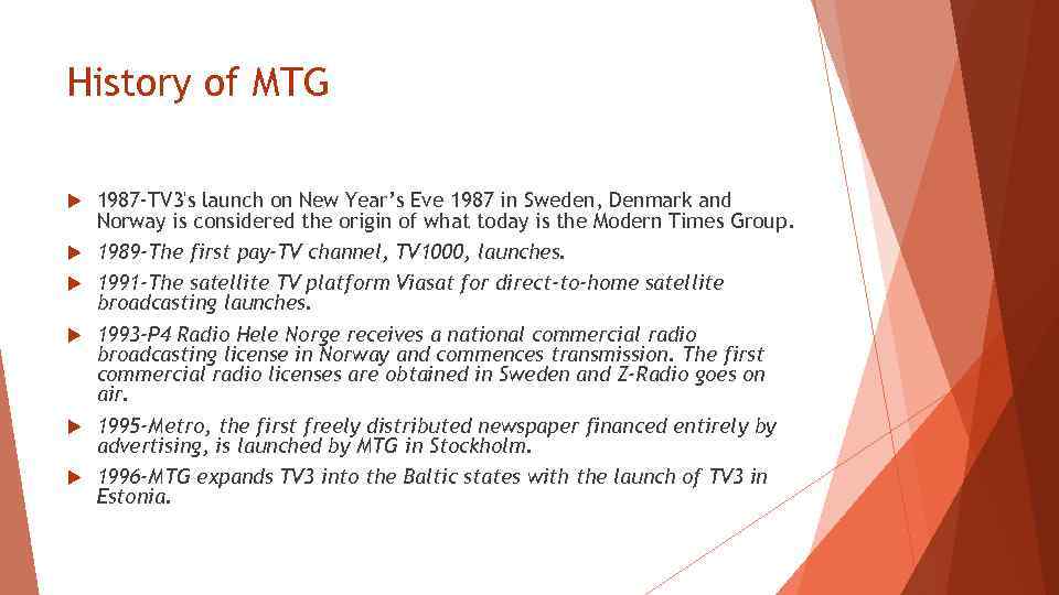 History of MTG 1987 -TV 3's launch on New Year’s Eve 1987 in Sweden,