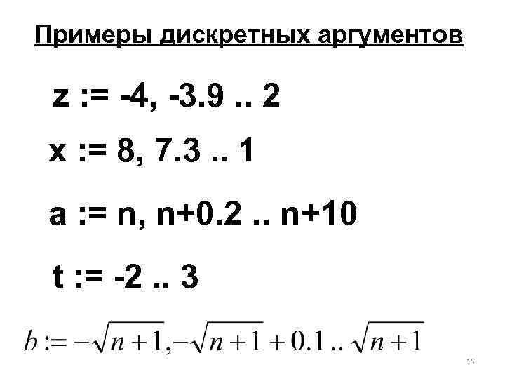 Примеры дискретных аргументов z : = -4, -3. 9. . 2 x : =