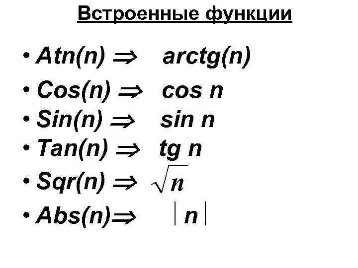 Встроенные функции • Atn(n) • Cos(n) • Sin(n) • Tan(n) • Sqr(n) • Abs(n)