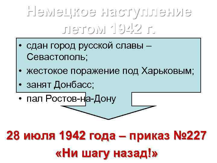 Немецкое наступление летом 1942 г. • сдан город русской славы – Севастополь; • жестокое