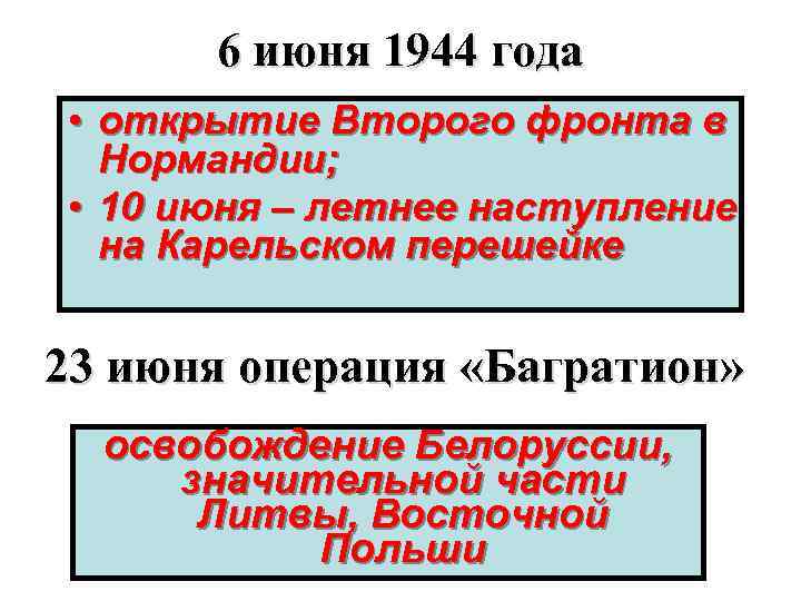 6 июня 1944 года • открытие Второго фронта в Нормандии; • 10 июня –