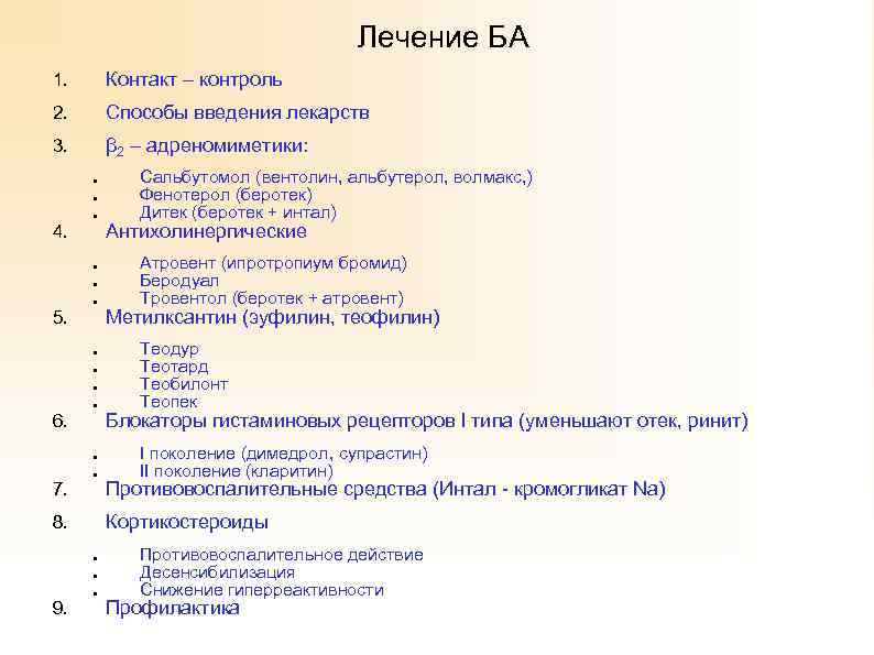 Лечение БА 1. Контакт – контроль 2. Способы введения лекарств 3. β 2 –
