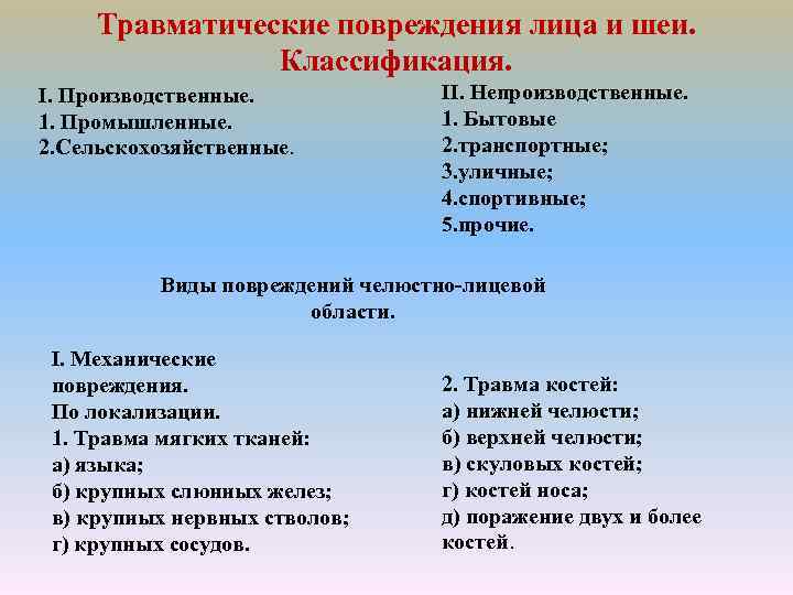 Травматические повреждения лица и шеи. Классификация. I. Производственные. 1. Промышленные. 2. Сельскохозяйственные. II. Непроизводственные.