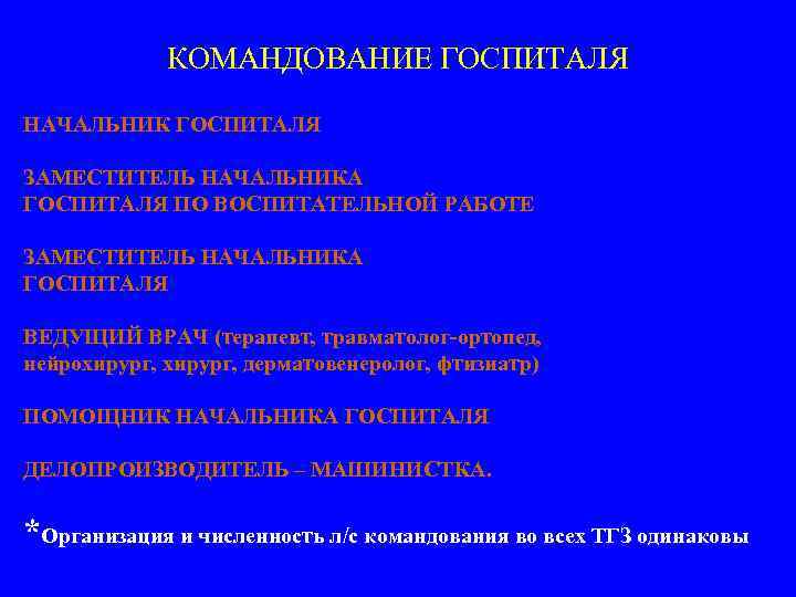 КОМАНДОВАНИЕ ГОСПИТАЛЯ НАЧАЛЬНИК ГОСПИТАЛЯ ЗАМЕСТИТЕЛЬ НАЧАЛЬНИКА ГОСПИТАЛЯ ПО ВОСПИТАТЕЛЬНОЙ РАБОТЕ ЗАМЕСТИТЕЛЬ НАЧАЛЬНИКА ГОСПИТАЛЯ ВЕДУЩИЙ