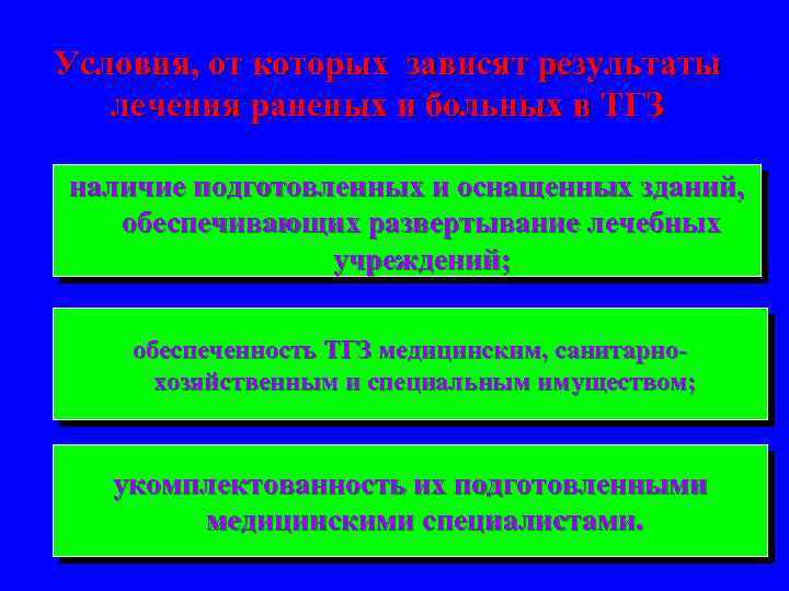 Условия, от которых зависят результаты лечения раненых и больных в ТГЗ наличие подготовленных и