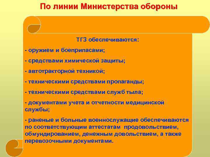 По линии Министерства обороны ТГЗ обеспечиваются: - оружием и боеприпасами; - средствами химической защиты;