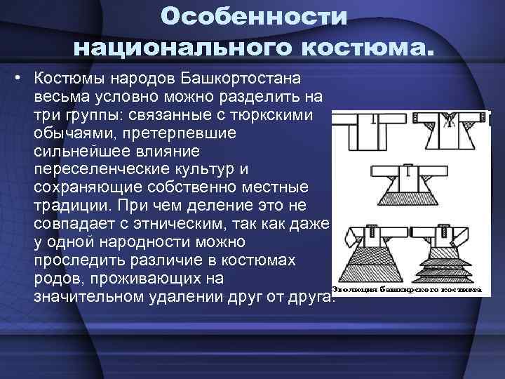 Особенности национального костюма. • Костюмы народов Башкортостана весьма условно можно разделить на три группы: