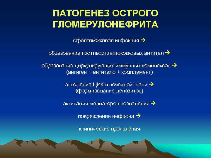 ПАТОГЕНЕЗ ОСТРОГО ГЛОМЕРУЛОНЕФРИТА стрептококковая инфекция образование противострептококковых антител образование циркулирующих иммунных комплексов (антиген +