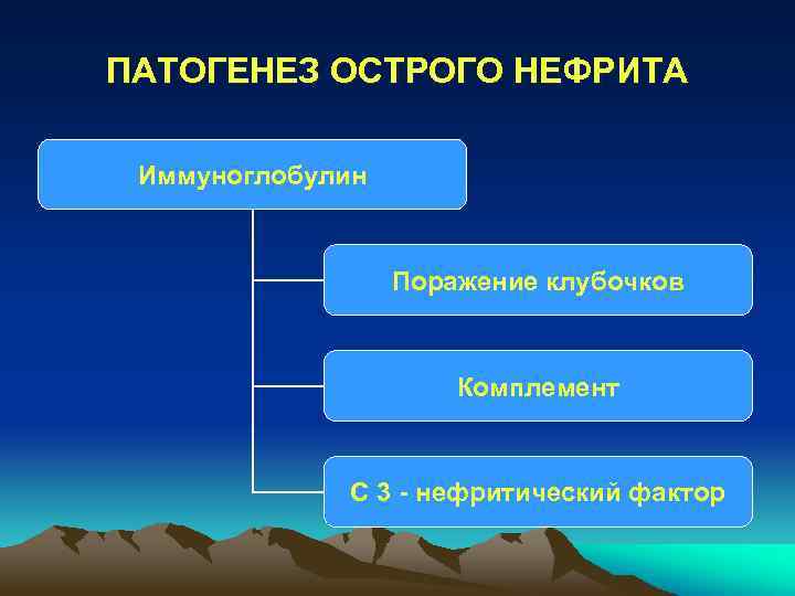 ПАТОГЕНЕЗ ОСТРОГО НЕФРИТА Иммуноглобулин Поражение клубочков Комплемент С 3 - нефритический фактор 