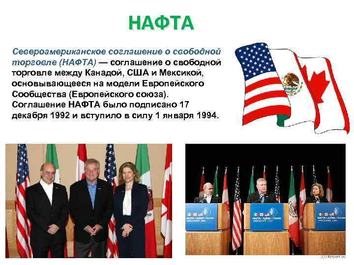НАФТА Североамериканское соглашение о свободной торговле (НАФТА) — соглашение о свободной торговле между Канадой,
