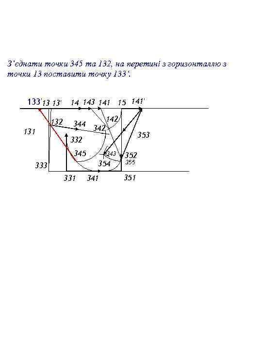 З’єднати точки 345 та 132, на перетині з горизонталлю з точки 13 поставити точку