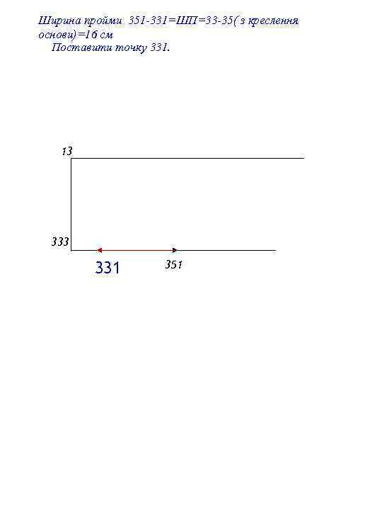 Ширина пройми 351 -331=ШП=33 -35( з креслення основи)=16 см Поставити точку 331. 13 331