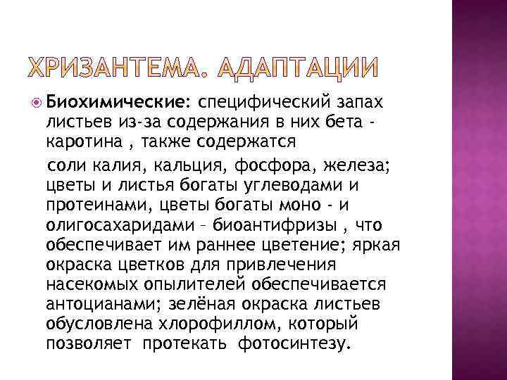  Биохимические: специфический запах листьев из-за содержания в них бета каротина , также содержатся