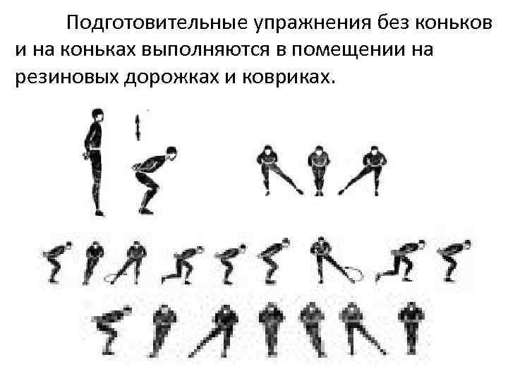 Подготовительные упражнения без коньков и на коньках выполняются в помещении на резиновых дорожках и