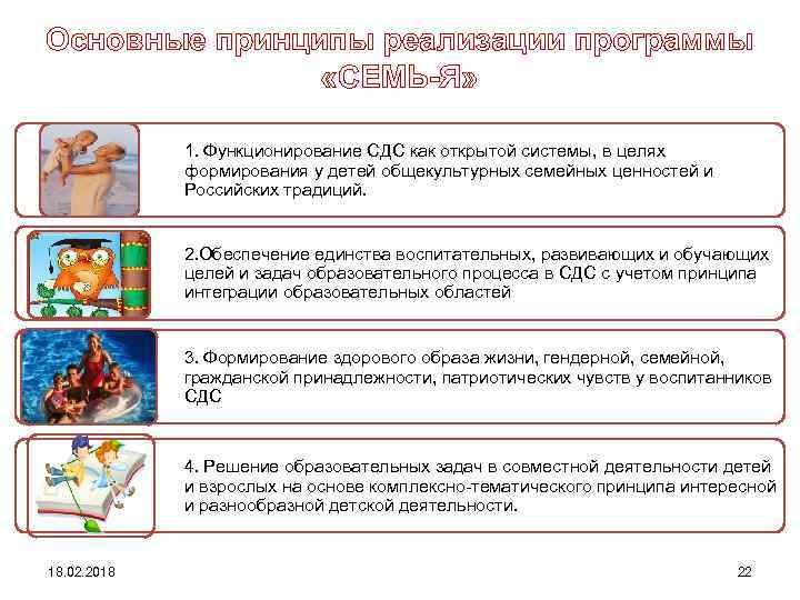 Основные принципы реализации программы «СЕМЬ-Я» 1. Функционирование СДС как открытой системы, в целях формирования
