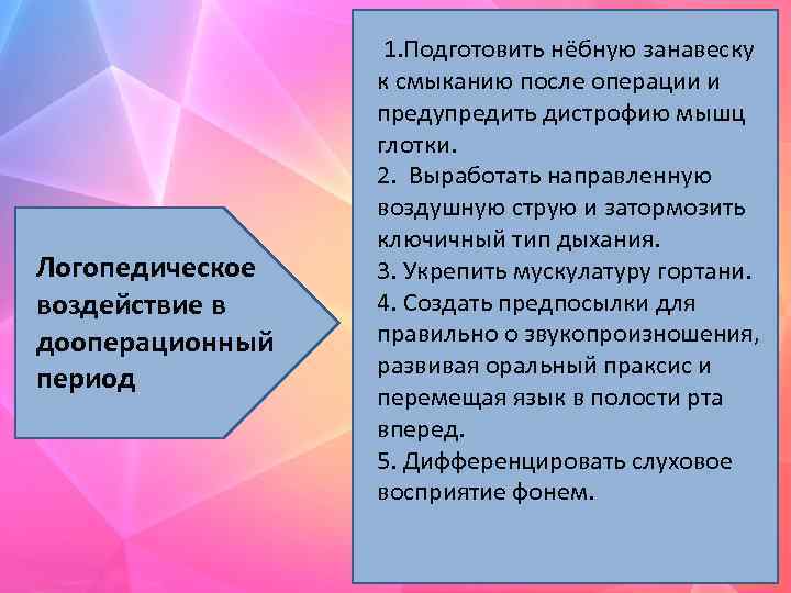 Логопедическое воздействие в дооперационный период 1. Подготовить нёбную занавеску к смыканию после операции и