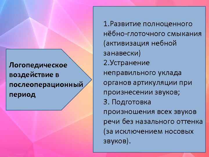 Логопедическое воздействие в послеоперационный период 1. Развитие полноценного нёбно-глоточного смыкания (активизация небной занавески) 2.