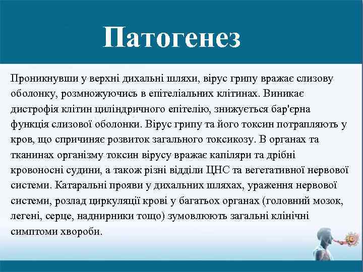 Патогенез Проникнувши у верхні дихальні шляхи, вірус грипу вражає слизову оболонку, розмножуючись в епітеліальних
