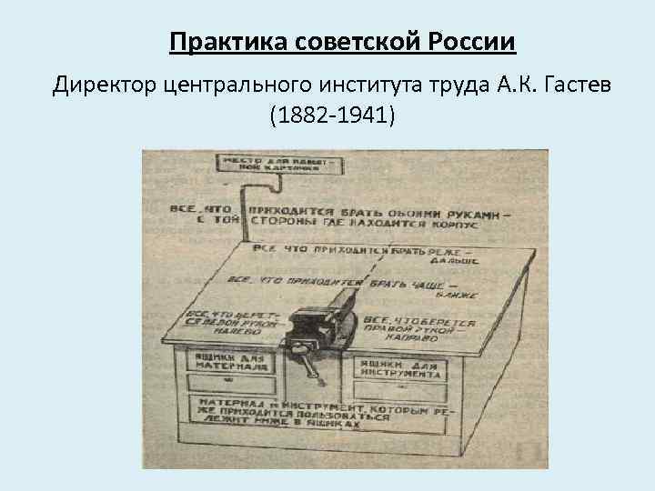 Практика советской России Директор центрального института труда А. К. Гастев (1882 -1941) 