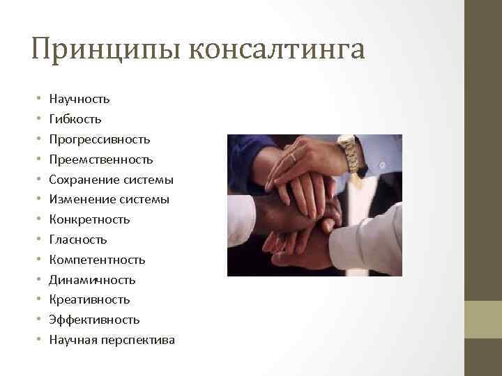 Принципы консалтинга • • • • Научность Гибкость Прогрессивность Преемственность Сохранение системы Изменение системы