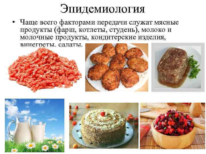 Эпидемиология • Чаще всего факторами передачи служат мясные продукты (фарш, котлеты, студень), молоко и