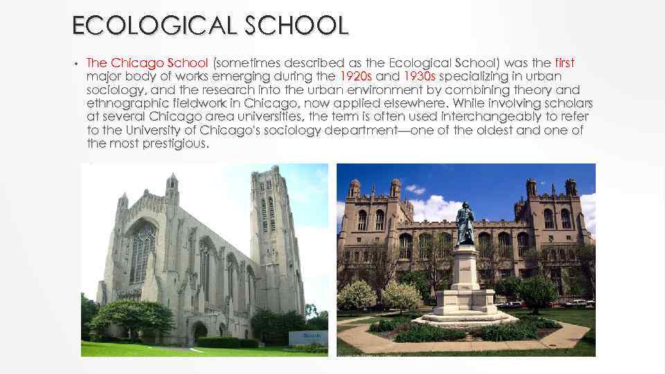 ECOLOGICAL SCHOOL • The Chicago School (sometimes described as the Ecological School) was the