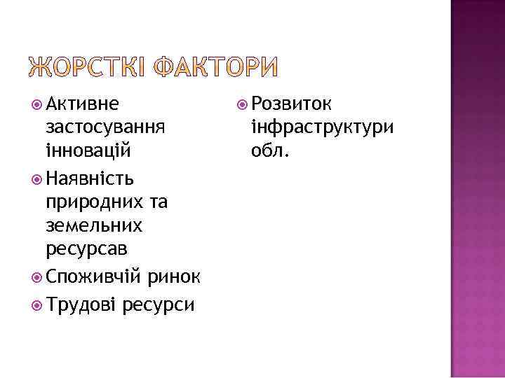  Активне застосування інновацій Наявність природних та земельних ресурсав Споживчій ринок Трудові ресурси Розвиток