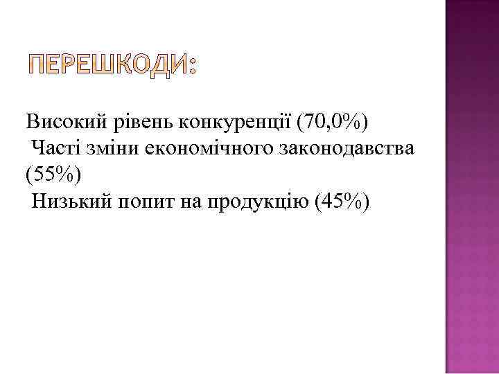 Високий рівень конкуренції (70, 0%) Часті зміни економічного законодавства (55%) Низький попит на продукцію