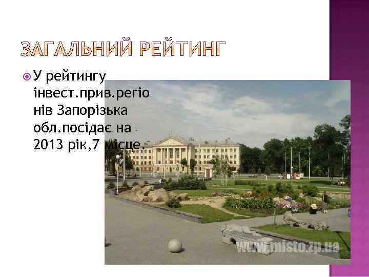  У рейтингу інвест. прив. регіо нів Запорізька обл. посідає на 2013 рік, 7