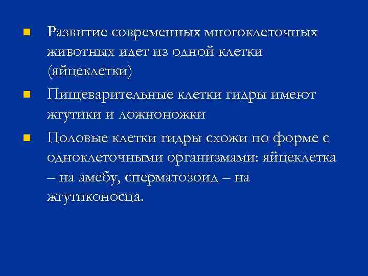 n n n Развитие современных многоклеточных животных идет из одной клетки (яйцеклетки) Пищеварительные клетки