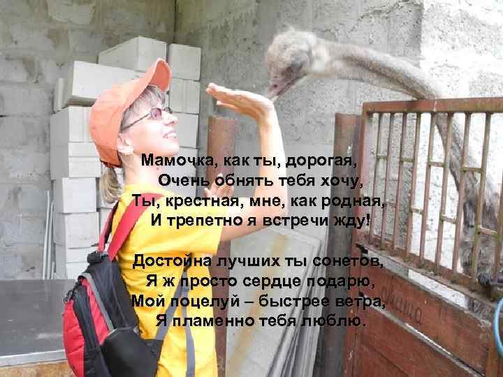 Мамочка, как ты, дорогая, Очень обнять тебя хочу, Ты, крестная, мне, как родная, И