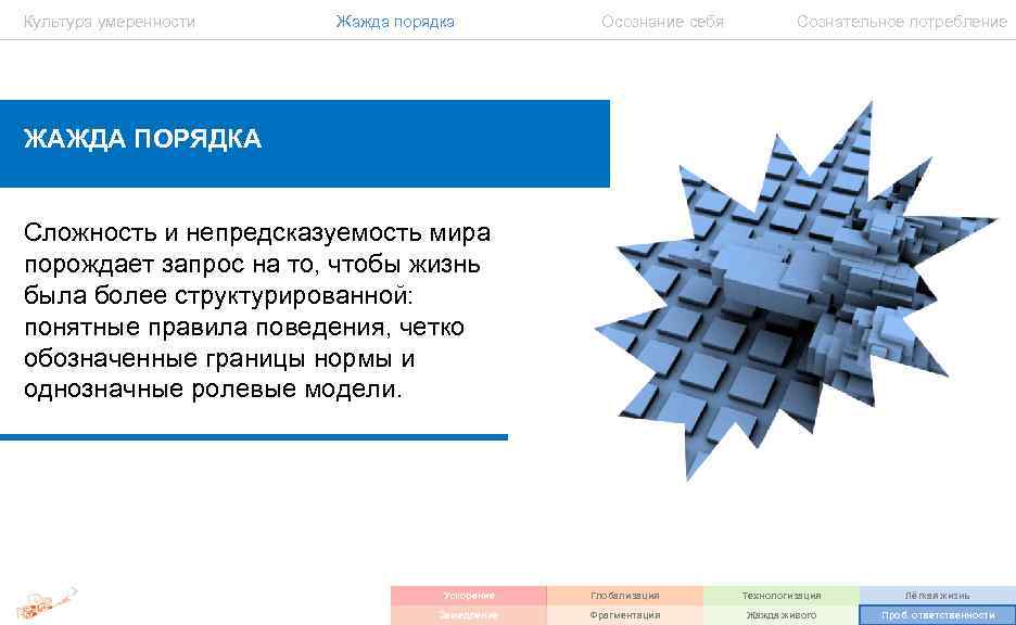 Культура умеренности Жажда порядка Осознание себя Сознательное потребление ЖАЖДА ПОРЯДКА Сложность и непредсказуемость мира